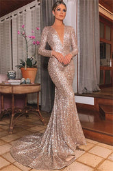 Long Sleeves Mermaid Evening Dress Sequins V-Neck