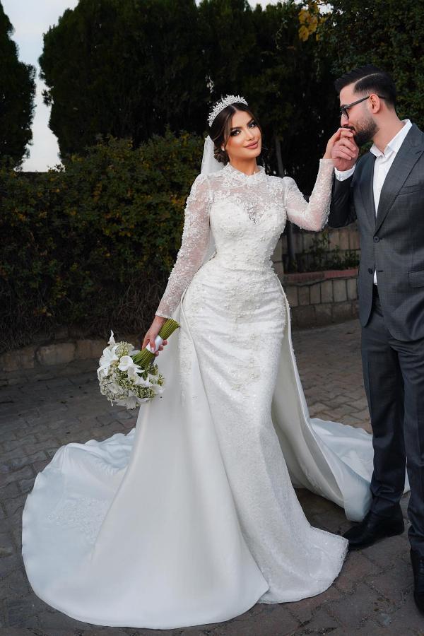 long sleeve wedding dress with overskirt Modern Long Sleeves Lace Mermaid Overskirt Wedding Dress Bridal Gowns