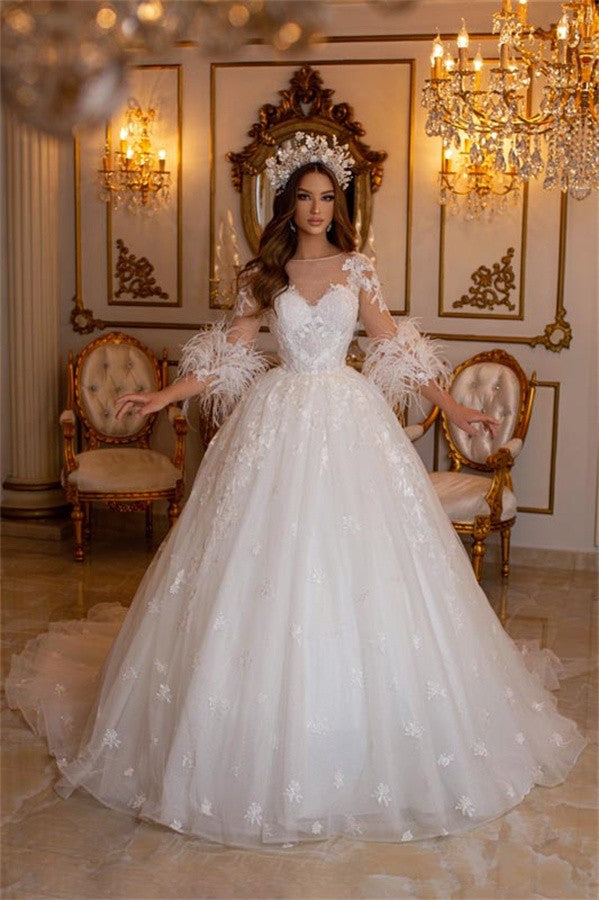 Long Sleeves Princess Wedding Dress Ball Gown With Lace Feather Newinlook Long Sleeves Princess Wedding Dress Ball Gown With Lace Feather Newinlook