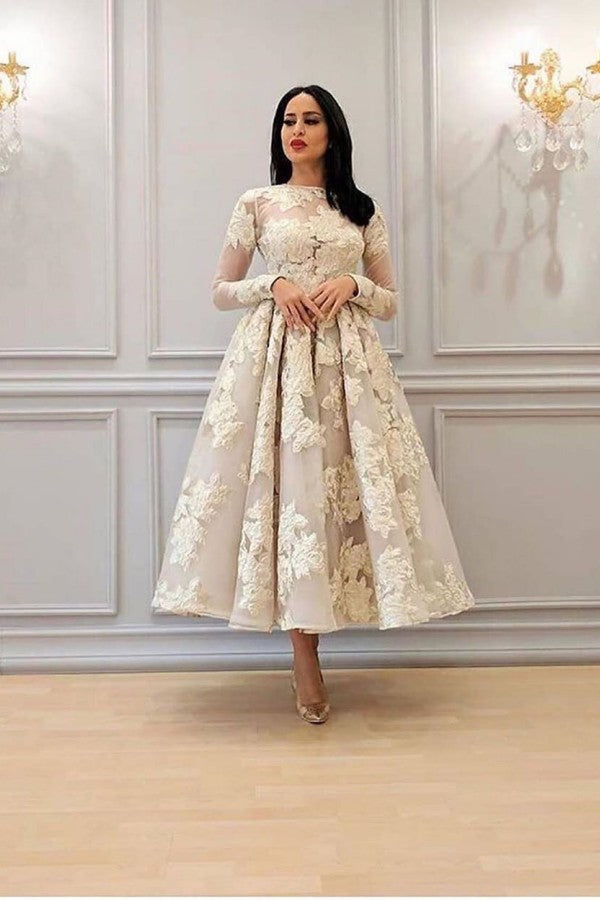 Long Sleeves Prom Dress Appliques Tea-Length Newinlook Long Sleeves Prom Dress Appliques Tea-Length Newinlook