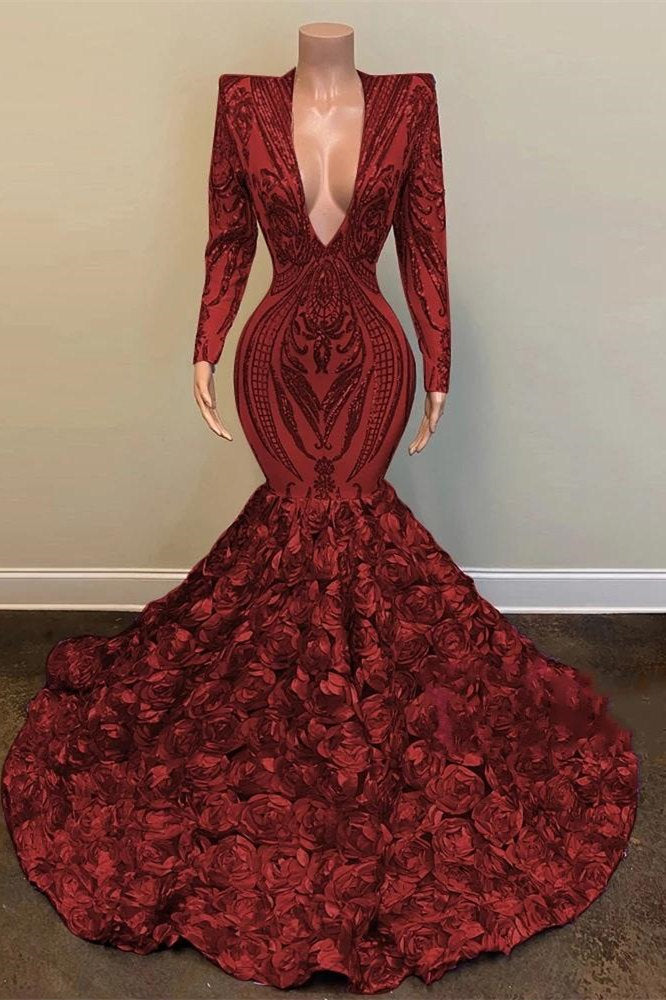 Long Sleeves Prom Dress Mermaid Burgundy V-Neck With Flowers Bottom Newinlook Long Sleeves Prom Dress Mermaid Burgundy V-Neck With Flowers Bottom Newinlook