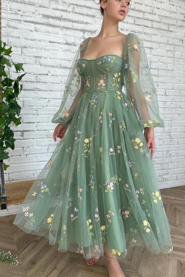 Long Sleeves Sage Green Prom Dress Tulle With Flowers Newinlook Long Sleeves Sage Green Prom Dress Tulle With Flowers Newinlook