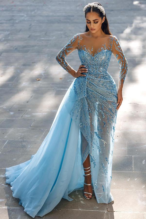 Long Sleeves Sky Blue Prom Dresses Mermaid Tulle With Beadings Slit Newinlook Long Sleeves Sky Blue Prom Dresses Mermaid Tulle With Beadings Slit Newinlook