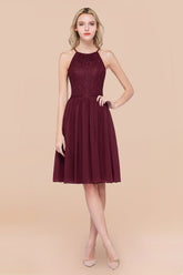 Lovely Burgundy Lace Short Bridesmaid Dress With Spaghetti-Straps