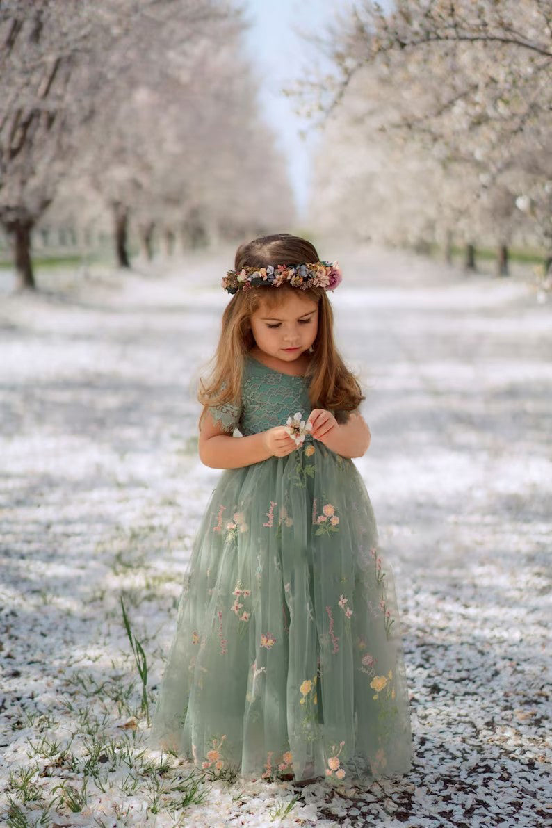 Lovely Green Cap Sleeves A-line Flower Girl Dresses With Appliques-Newinlook