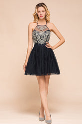 Lovely Halter Tulle Short Prom Dress Lace Appliques Homecoming Dress Online