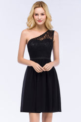 Lovely Lace Black One-shoulder Short Junior Bridesmaid Dresses Online