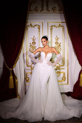 Lavish Long Ivory V-neck Mermaid Sleeveless Sequined Beaded Bridal Dress with Detachable Train