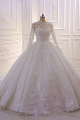 Luxury Ball Gown High Neck Tull Lace Wedding Dress Long Sleeves Appliques Sequins Bridal Gowns Online