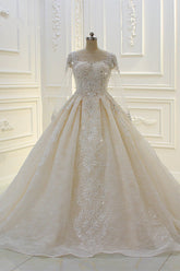Luxury Ball Gown Jewel Tulle Wedding Dress Long Sleeves Lace Applqiues Beadings Bridal Gowns On Sale