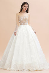 Luxury Ball Gown Tulle Lace Wedding Dress Long Sleeves Appliques Pearls Bridal Gowns with Flowers On Sale