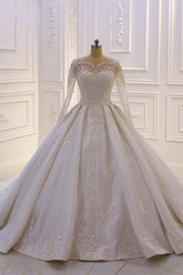Luxury Satin Tulle Ruffle Wedding Dress Long Sleeves Appliques Beadings Bridal Gowns On sale