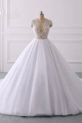 Modern Ball Gown Jewel Tulle Ruffles Lace Wedding Dress Appliques Short-Sleeves Bridal Gowns On Sale