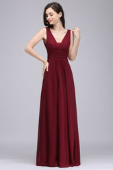Modest Burgundy V-Neck Sleeveless Long Bridesmaid Dresses Affordable