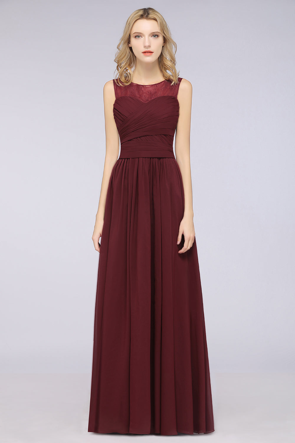 Modest Chiffon Lace Scoop Ruffle Burgundy Bridesmaid dresses Affordabl – Newinlook