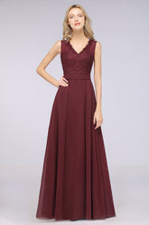 Modest Chiffon V-Neck Burgundy Lace Bridesmaid Dresses Online