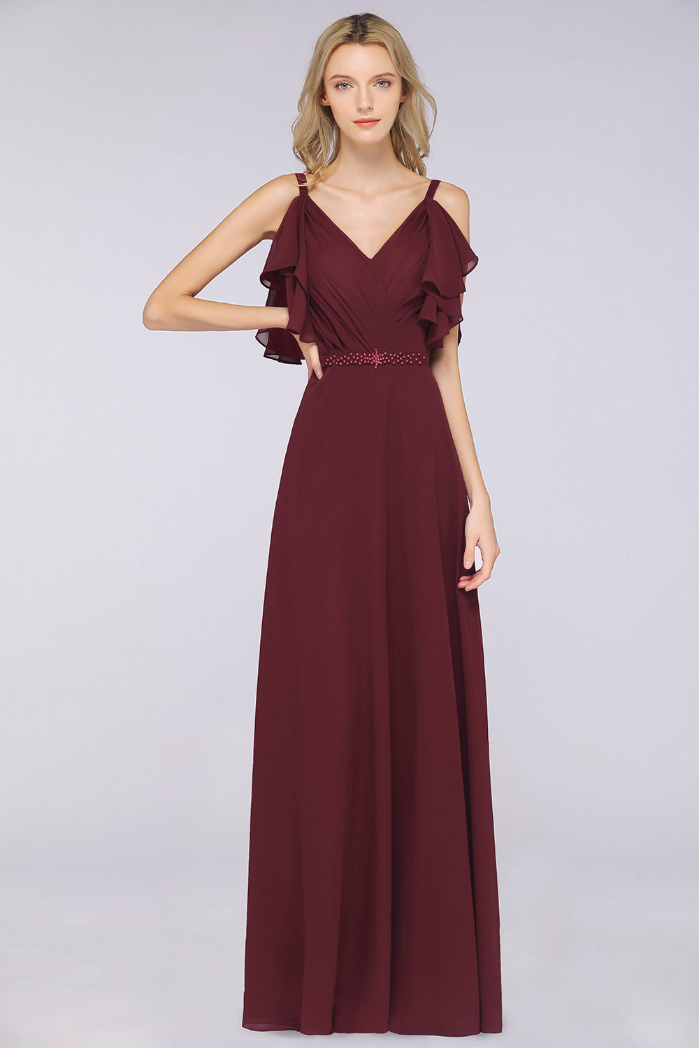 Modest Cold shoulder Crinkle Chiffon Long Bridesmaid Dresses with Pear Newinlook