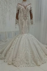 Modest Highneck Longsleeves Lace Wedding Dresses White Mermaid Bridal Gowns With Appliques On Sale