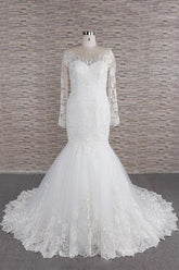Modest Longsleeves jewel Mermaid Wedding Dresses White Tulle Lace Bridal Gowns With Appliques Online