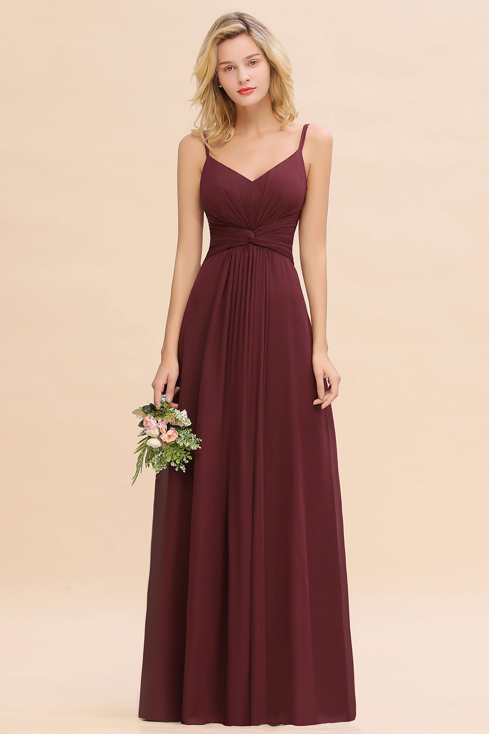 Plunge Neck Halter Backless Trumpet Bridesmaid Dress With Front Slit In  Burgundy