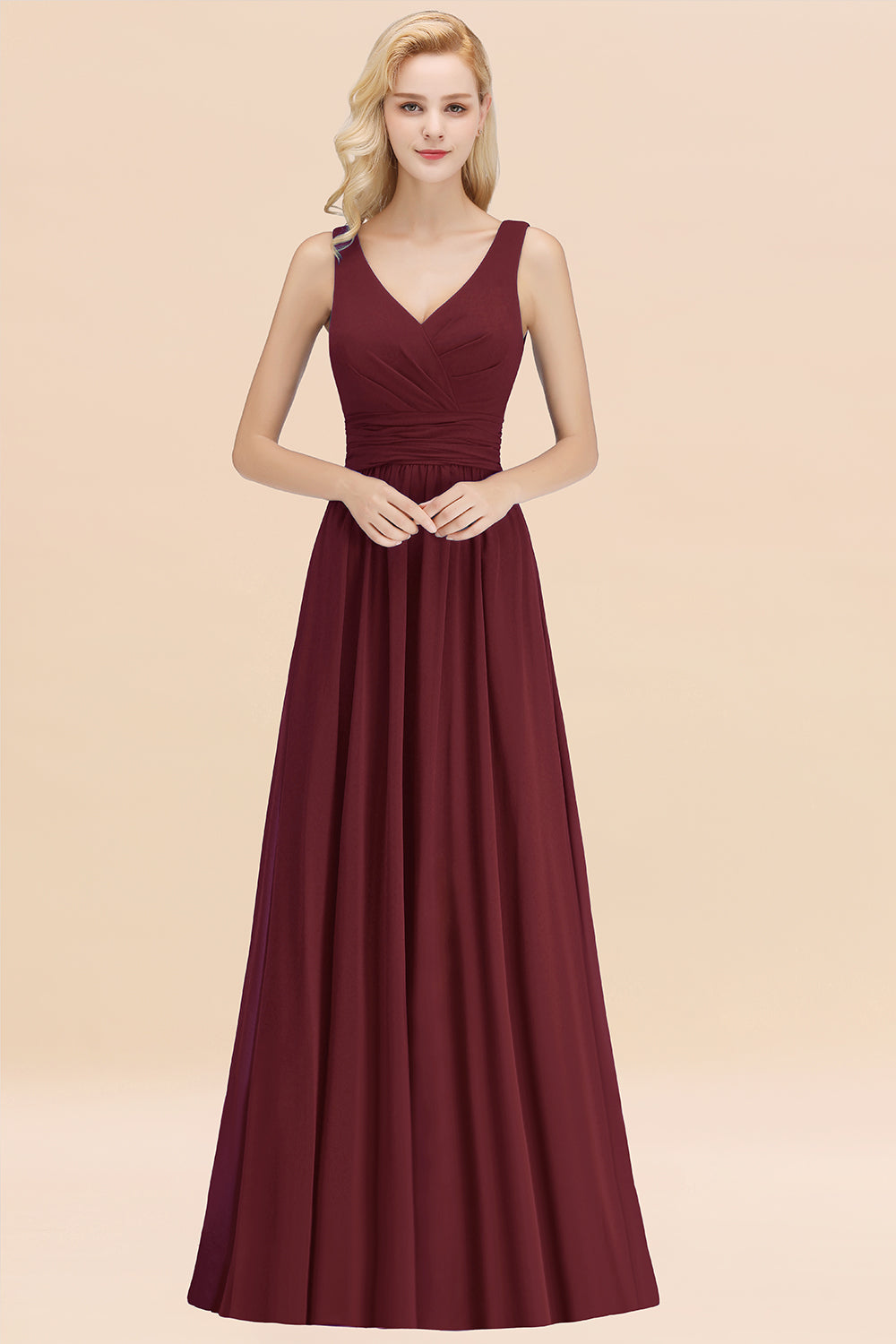 Modest Sleeveless V-Neck Long Chiffon Bridesmaid Dresses with Ruffle Newinlook Modest Sleeveless V-Neck Long Chiffon Bridesmaid Dresses with Ruffle Newinlook