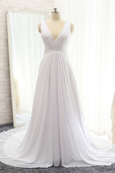 Modest Straps V-neck Sleeveless Wedding Dresses White Chiffon Bridal Gowns Online