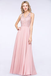 Modest V-Neck Sleeveless Pink Affordable Bridesmaid Dresses Lace