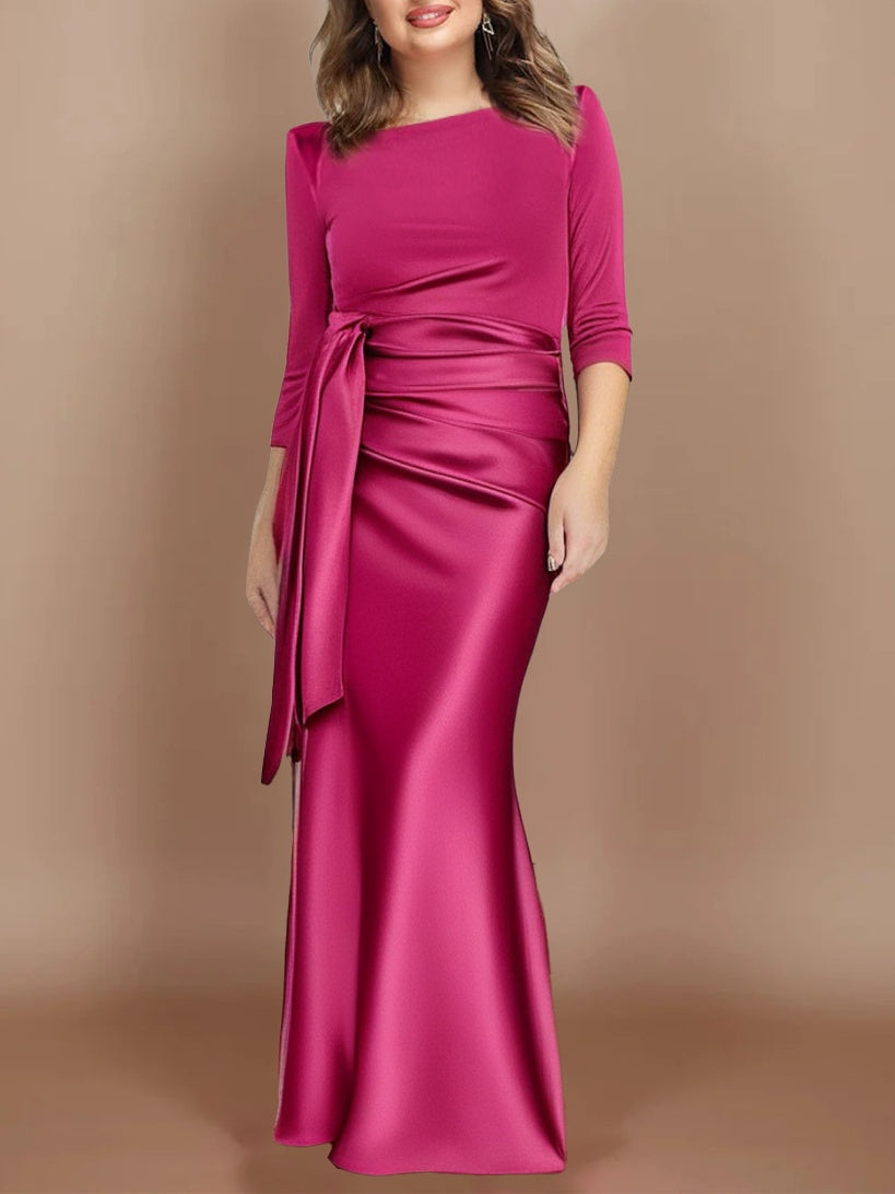 Floor-Length Plus Size Mother of the Bride Dress with Bow and 3/4 Sleeves