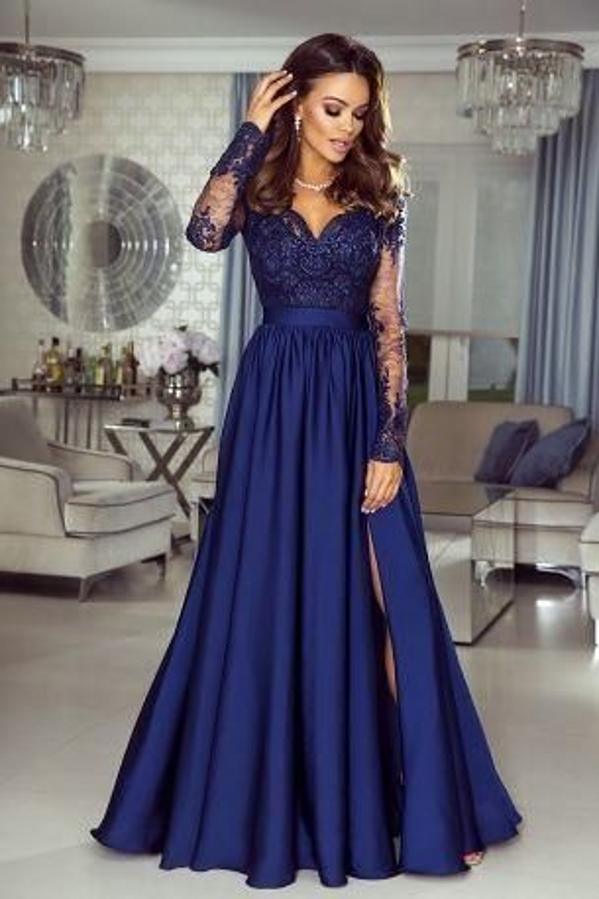 Navy Blue Long Sleeves Prom Dress Split With Appliques Newinlook Navy Blue Long Sleeves Prom Dress Split With Appliques Newinlook