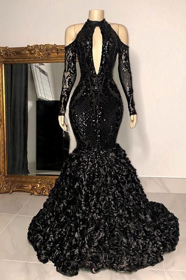 Newinlook High Neck Black Prom Dress Mermaid Long Sleeve With Flowers Newinlook High Neck Black Prom Dress Mermaid Long Sleeve With Flowers