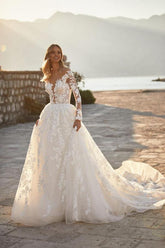 Long Sleeves Princess Wedding Dress Tulle With Appliques