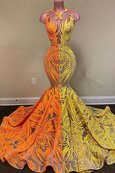 Yellow and Orange Mermaid Prom Dress Long Lace Sequins