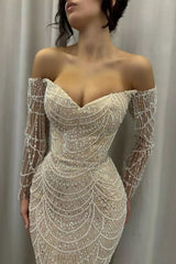 Off-the-Shoulder Glittering Pearls Evening Dress with Mermaid Silhouette and Long Sleeves