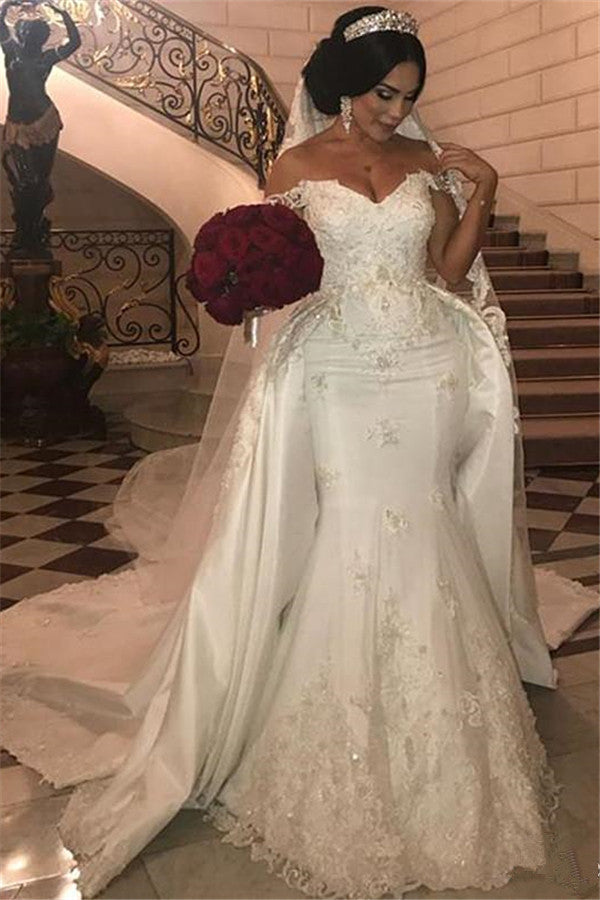 mermaid wedding dress overskirt Sheer Long Sleeve Mermaid Wedding Dress with Overskirt EU42
