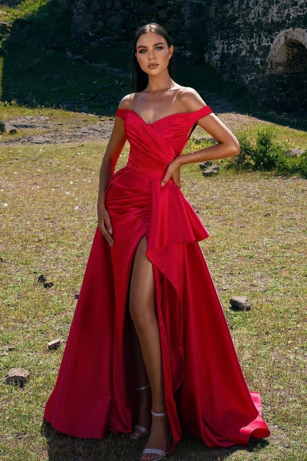 Off-the-Shoulder Red Prom Dress Ruffles With Slit Newinlook Off-the-Shoulder Red Prom Dress Ruffles With Slit Newinlook