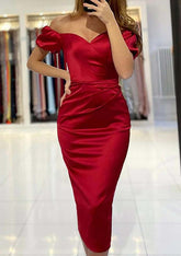 Off-the-Shoulder Satin Prom Dress/Evening Dress with Pleated Sheath/Column Design