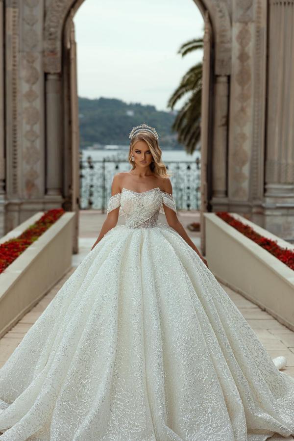 Ball-Gown Off-the-Shoulder 3/4 Sleeves Floor-Length Black Wedding Dresses with Lace-Up & Sequins main image 0