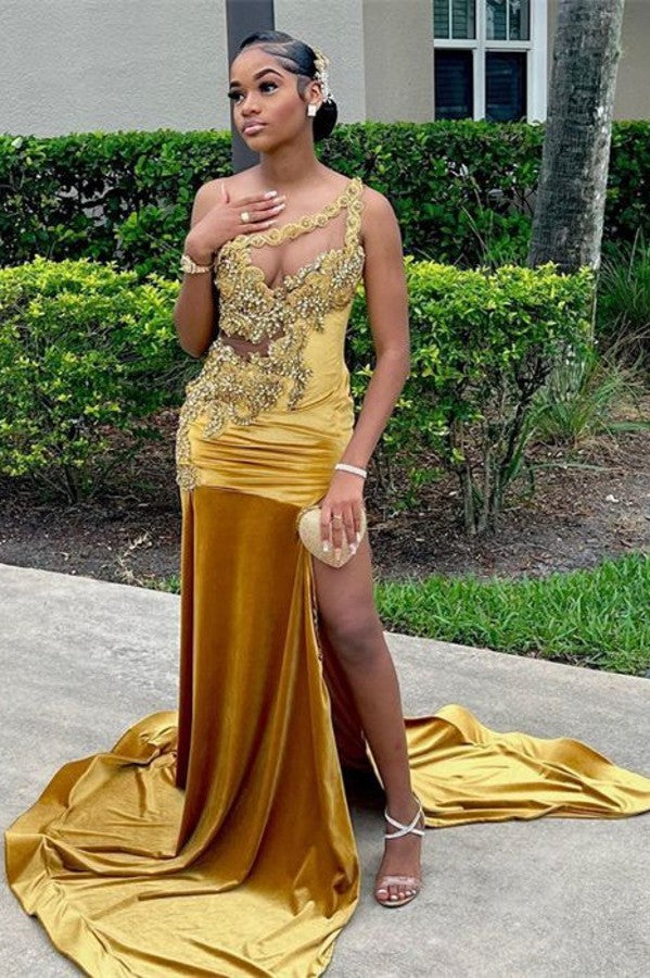 One Shoulder Gold Prom Dress Mermaid Split Long With Beads Newinlook One Shoulder Gold Prom Dress Mermaid Split Long With Beads Newinlook