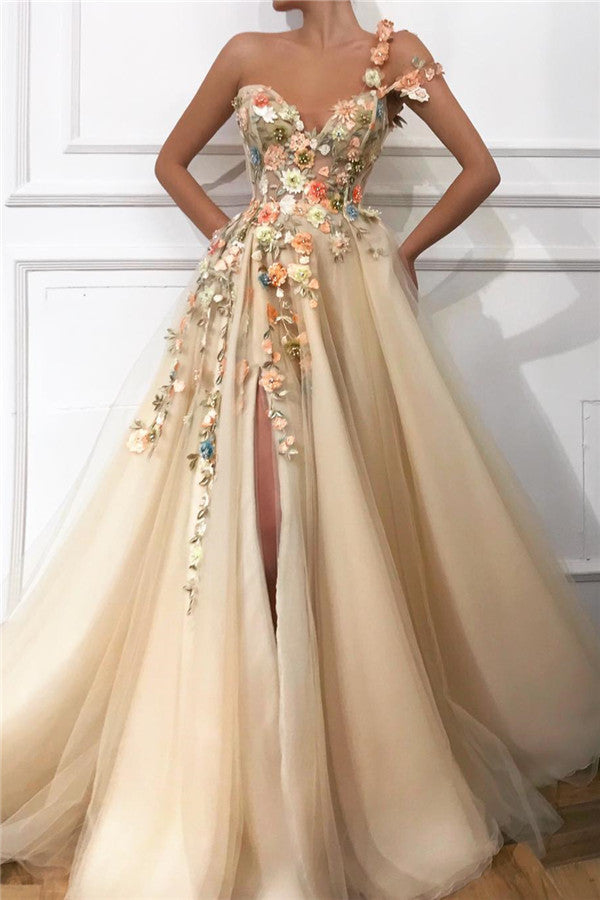 One Shoulder Long Prom Dress Split With Flowers Newinlook One Shoulder Long Prom Dress Split With Flowers Newinlook