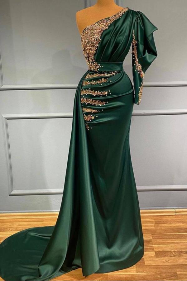 One Shoulder Long Sleeves Dark Green Prom Dress With Beadings Newinlook One Shoulder Long Sleeves Dark Green Prom Dress With Beadings Newinlook