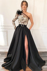 One Shoulder Long Sleeves Prom Dress Split With Appliques