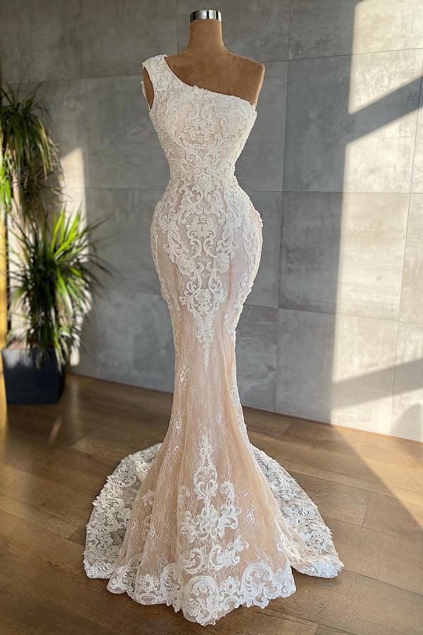One Shoulder Wedding Dress Mermaid Lace Champagne Bridal Gown Newinlook One Shoulder Wedding Dress Mermaid Lace Champagne Bridal Gown Newinlook
