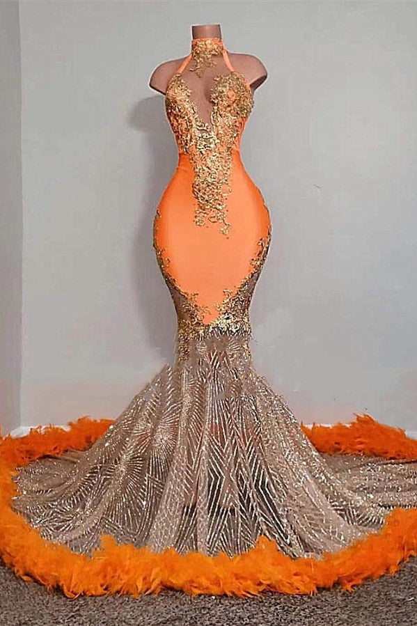 Orange Sleeveless Prom Dress Mermaid Long Sheer With Feather Newinlook Orange Sleeveless Prom Dress Mermaid Long Sheer With Feather Newinlook