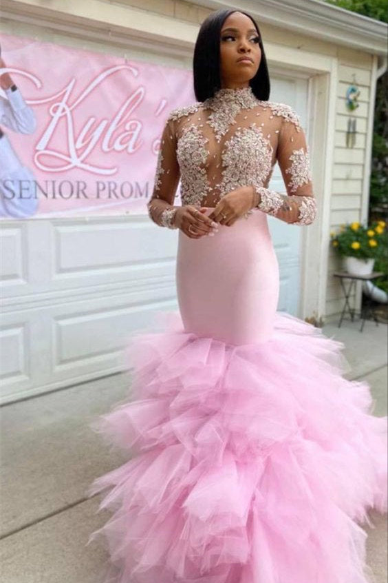 Pink Long Sleeves Prom Dress Mermaid Tulle Ruffles With Appliques Newinlook Pink Long Sleeves Prom Dress Mermaid Tulle Ruffles With Appliques Newinlook