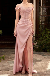 Pink Off-the-Shoulder Prom Dress Split With Appliques