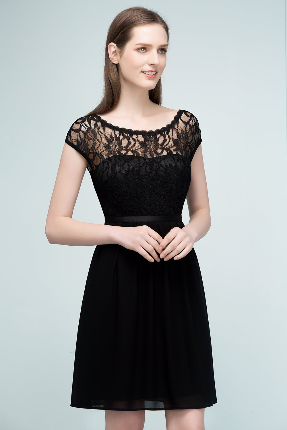 Pretty Scoop Sleeveless Black Lace Short Junior Bridesmaid Dresses Newinlook