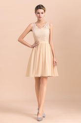 Pretty V-Neck Chiffon Lace Short Bridesmaid Dress with Ruffles Online
