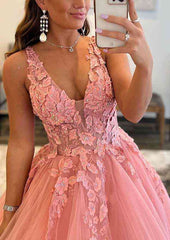 Princess A-Line V-Neck Sleeveless Prom Dress/Evening Dress with Beaded Appliques