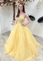 Princess A-Line V-Neck Sleeveless Tulle Prom Dress/Evening Dress With Beading Laced Appliques
