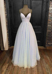 Princess A-Line V-Neck Spaghetti Strap Tulle Glitter Prom Dress/Evening Dress